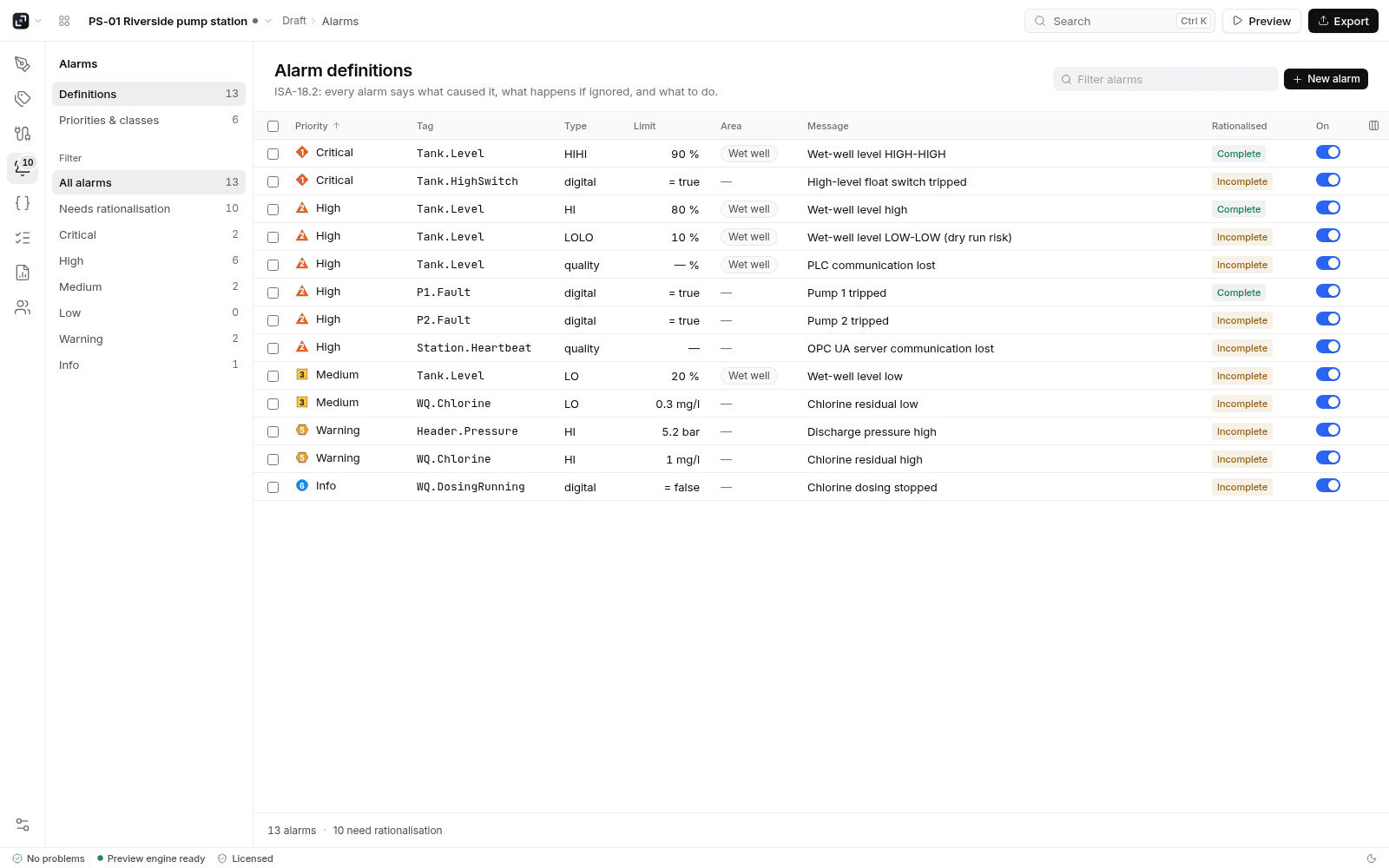 Alarm definitions in LinkView Studio